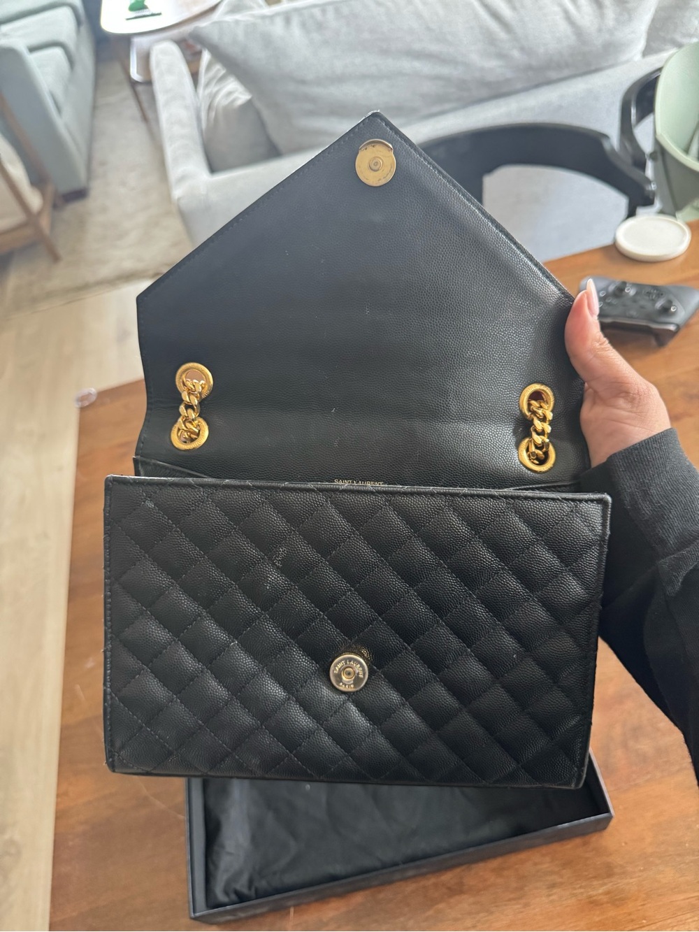 Grain De Poudre Textured Mixed Matelasse Triquilt Medium Monogram Satchel Black - Picture 5 of 10